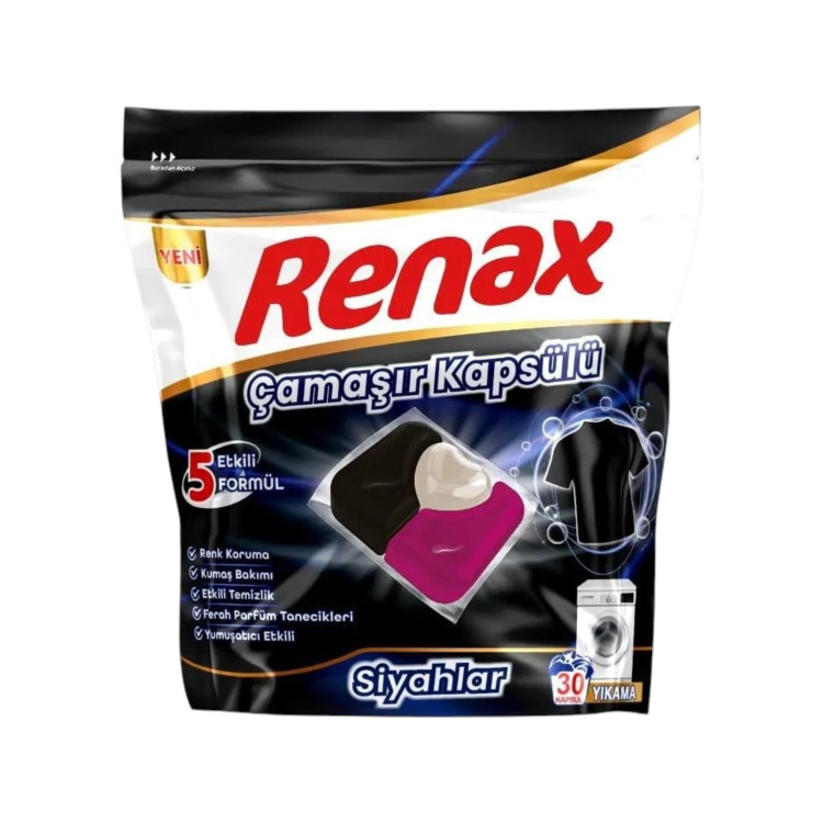 Renax, Перилни капсули 5 в 1 за черни дрехи, 30 пранета Renax, Перилни капсули 5 в 1 за черни дрехи, 30 пранета