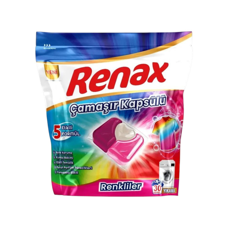 Renax, Перилни капсули 5 в 1 за цветни дрехи, 30 пранета Renax, Перилни капсули 5 в 1 за цветни дрехи, 30 пранета