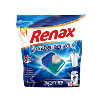 Renax, Перилни капсули 5 в 1 за бели дрехи, 30 пранета Renax, Перилни капсули 5 в 1 за бели дрехи, 30 пранета