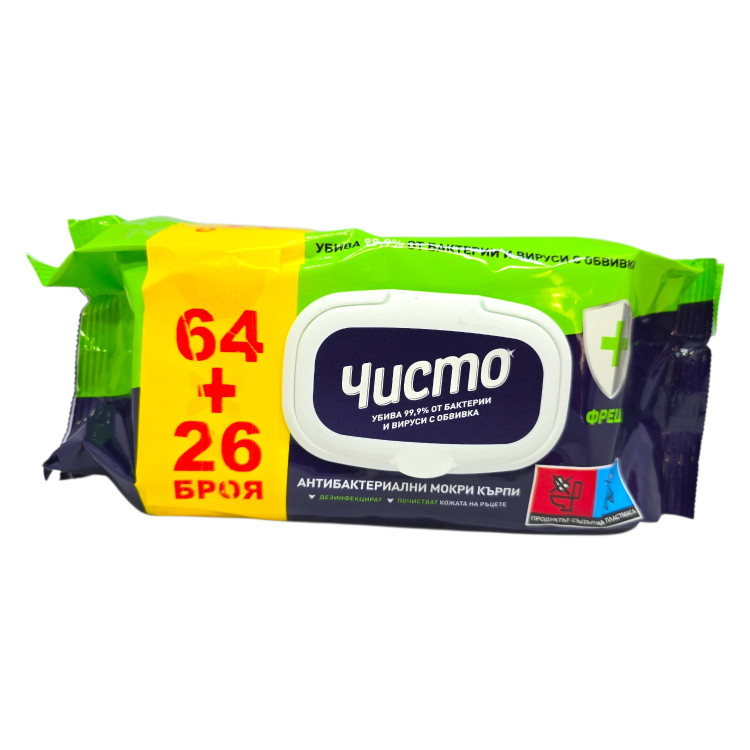 Чисто, Антибактериални мокри кърпи Fresh 64+26 бр