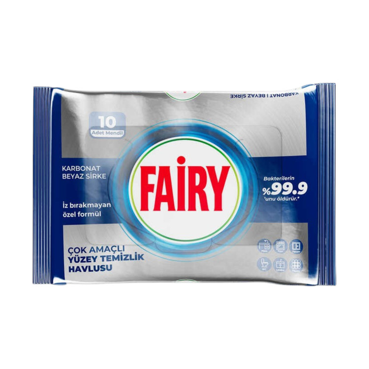 Fairy, Мокри кърпички за мултиповърхностно почистване с бикарбонат и бяла оцетна формула, 10 бр