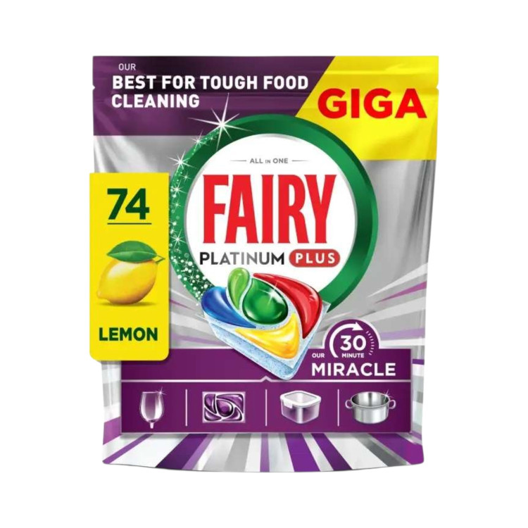 Fairy, Капсули за съдомиялна Platinum Plus Lemon Giga, 74 бр Fairy, Капсули за съдомиялна Platinum Plus Lemon Giga, 74 бр