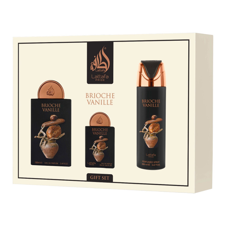 LATTAFA, Brioche Vanille, подаръчен комплект Eau de Parfum 100 мл + Eau de Parfum 20 мл + дезодорант спрей 200 мл LATTAFA, Brioche Vanille, подаръчен комплект Eau de Parfum 100 мл + Eau de Parfum 20 мл + дезодорант спрей 200 мл
