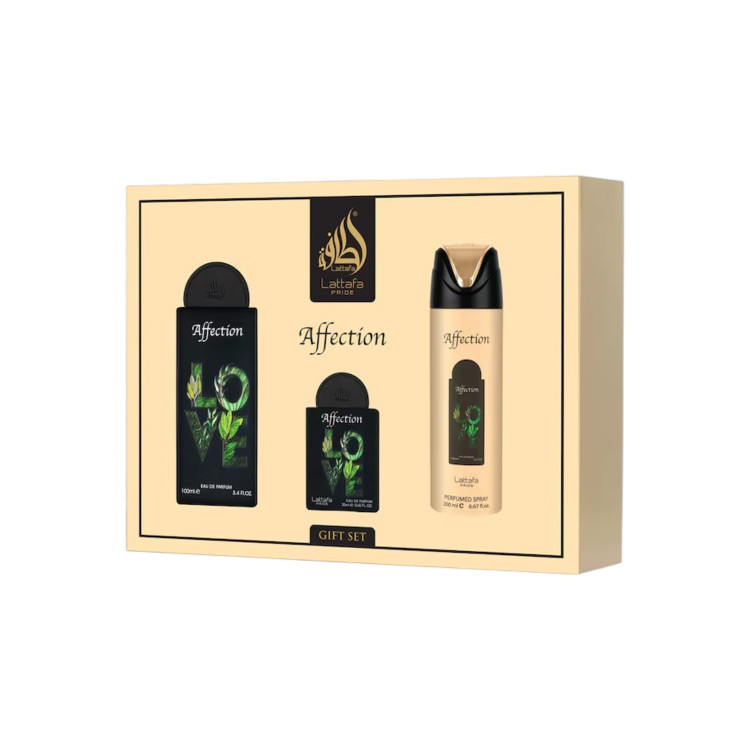 LATTAFA, Affection, подаръчен комплект Eau de Parfum 100 мл + Eau de Parfum 20 мл + дезодорант спрей 200 мл LATTAFA, Affection, подаръчен комплект Eau de Parfum 100 мл + Eau de Parfum 20 мл + дезодорант спрей 200 мл