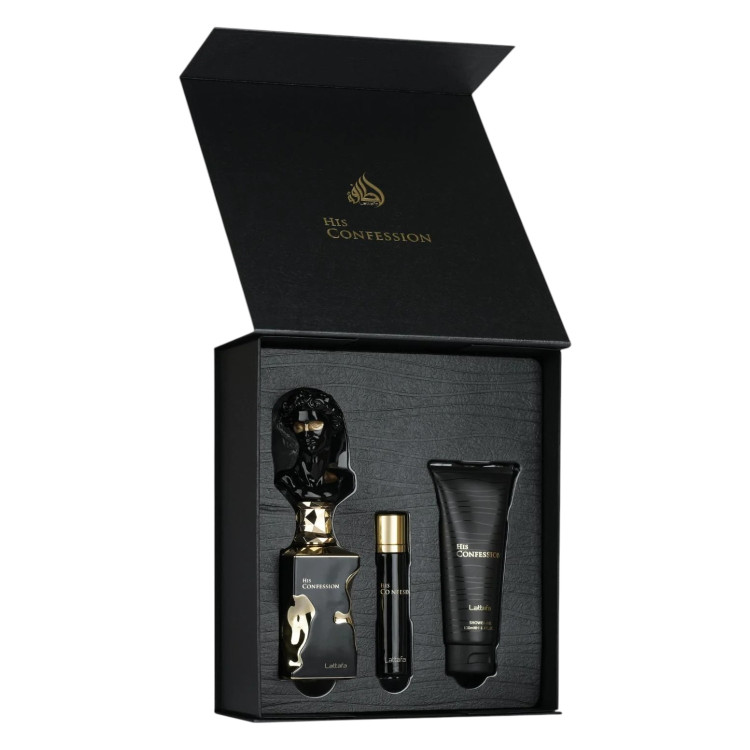 LATTAFA, His Confession, подаръчен комплект Eau de Parfum 100 мл + Travel Spray + душ гел 100 мл LATTAFA, His Confession, подаръчен комплект Eau de Parfum 100 мл + Travel Spray + душ гел 100 мл