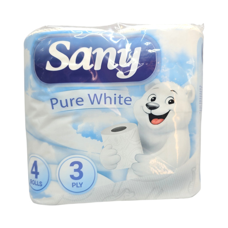 SANY, Pure White, тоалетна хартия, 3 пласта, 4 ролки SANY, Pure White, тоалетна хартия, 3 пласта, 4 ролки