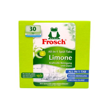 FROSCH таблетки за съдомиялна машина, Лимон, Всичко в едно, 30 броя FROSCH таблетки за съдомиялна машина, Лимон, Всичко в едно, 30 броя