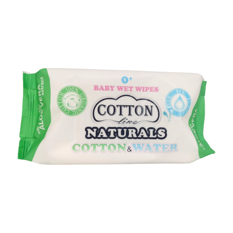 COTTON LINE мокри кърпи, 50 броя, Памук и вода, Алое вера