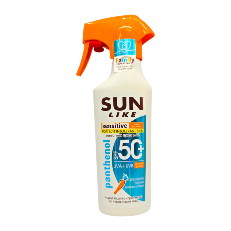 SUN LIKE слънцезащитно мляко, Помпа, SPF 50, Sensitive, Panthenol, 250мл SUN LIKE слънцезащитно мляко, Помпа, SPF 50, Sensitive, Panthenol, 250мл