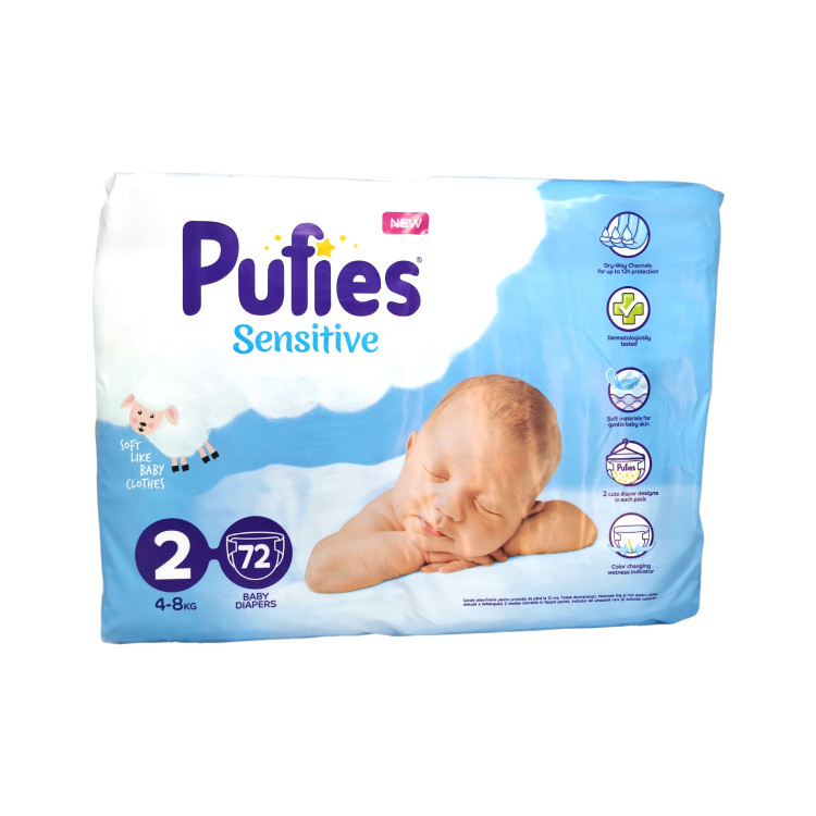 PUFIES sensitive бебешки пелени, номер 2, 4-8кг, 72 броя 