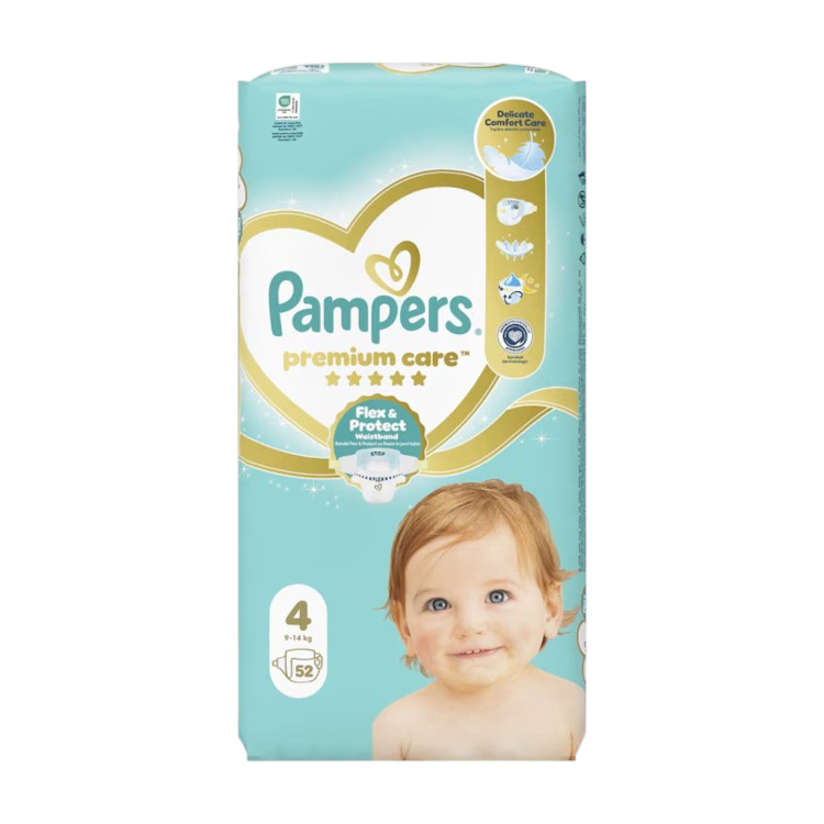 PAMPERS, Пелени Premium Care, Размер 4 (9–14 kg), 52 бр