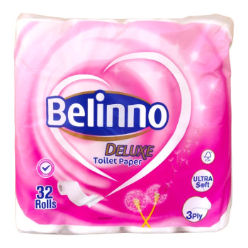 BELINNO тоалетна хартия, Deluxe, Бяла, 3 пласта, 32 броя х 90гр BELINNO тоалетна хартия, Deluxe, Бяла, 3 пласта, 32 броя х 90гр