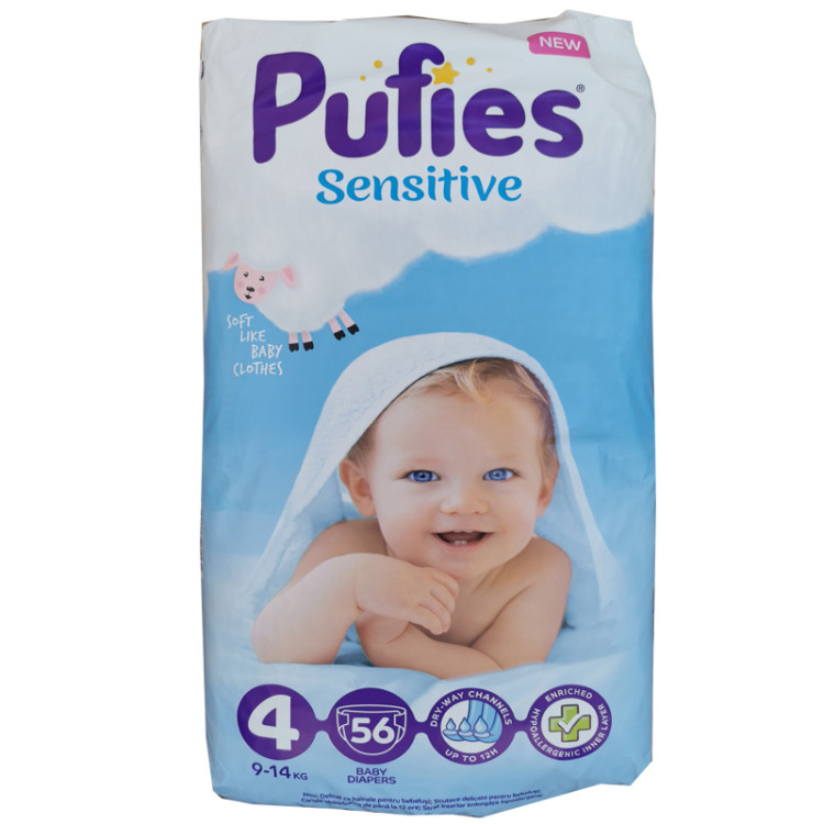 PUFIES sensitive бебешки пелени, номер 4, 9-14кг, 56 броя 