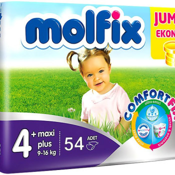 MOLFIX бебешки пелени, Номер 4+, 54БР, 9-16кг MOLFIX бебешки пелени, Номер 4+, 54БР, 9-16кг