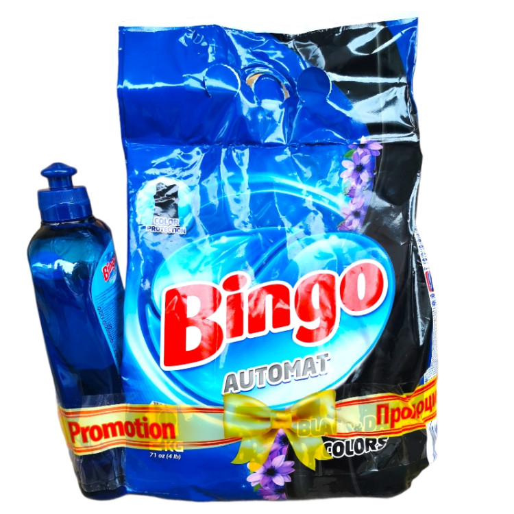 BINGO прах за пране+веро 500мл, За тъмни и цветни дрехи, 2кг