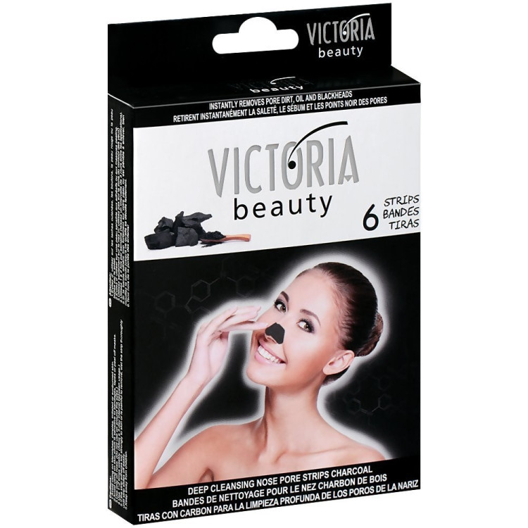 Victoria Beauty charcoal, почистващи ленти за носа с активен въглен, 6 броя в опаковка