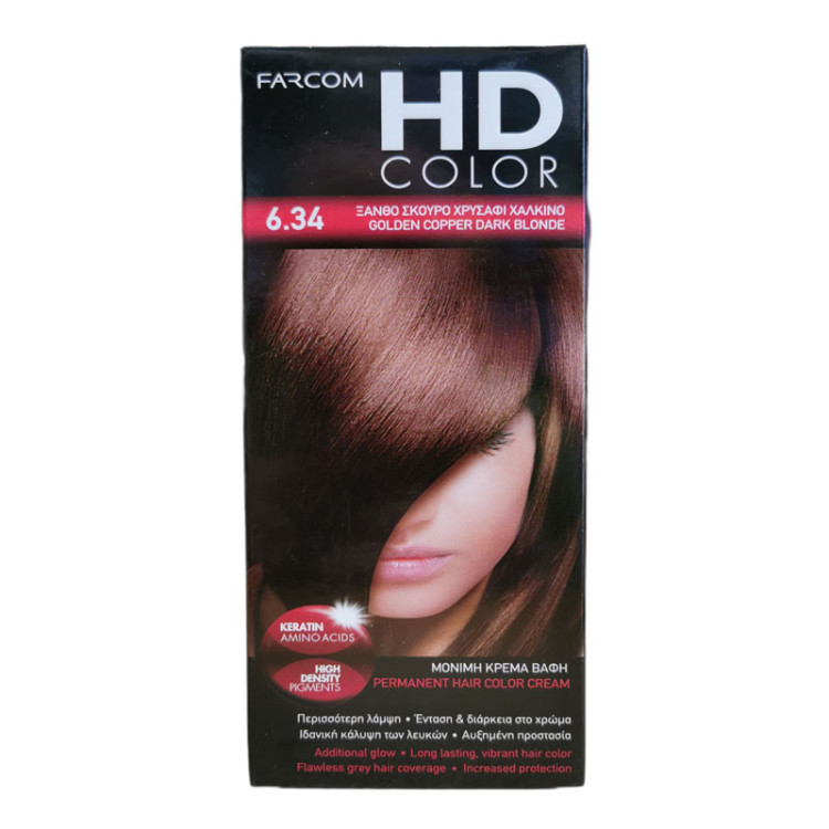 FARCOM HD color, Боя за коса, Номер 6.34, Golden copper dark blone